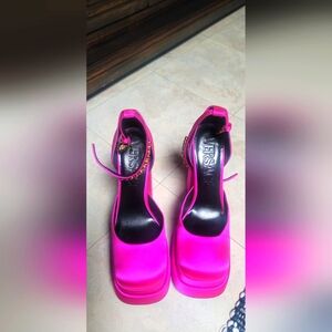 Versace Satin Platform Heels. Wiped off stain mark  on right inner heel.